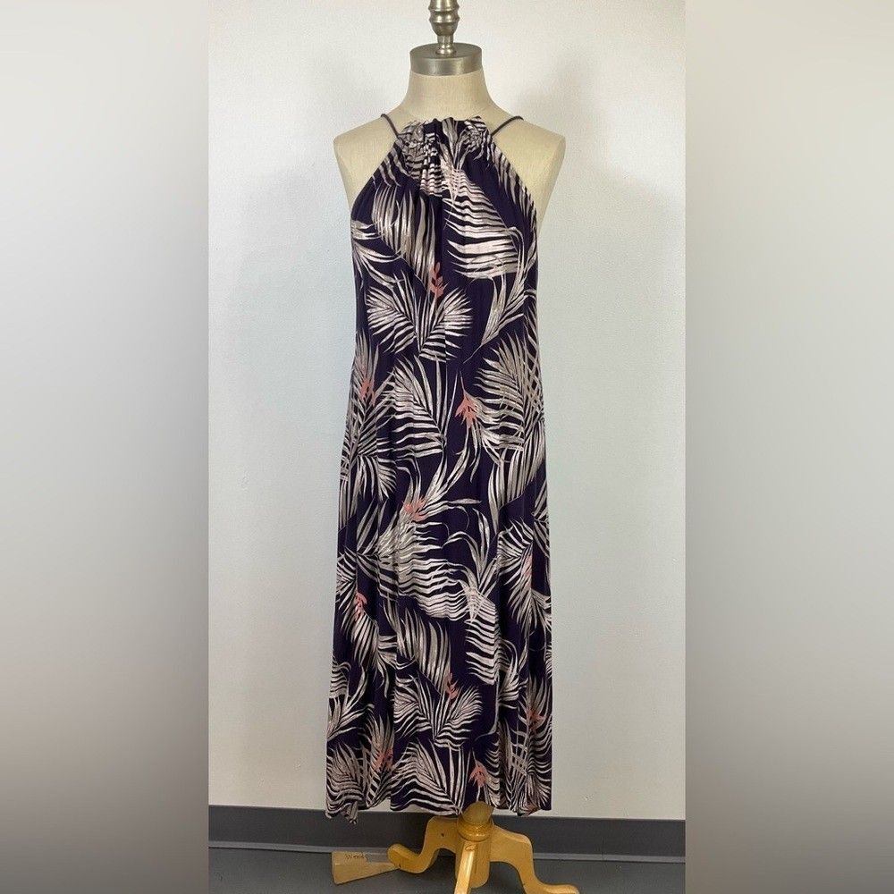 RAVELLO Women’s Tropical Print Navy White Gather Neck Beach Cover Up Dress O/S